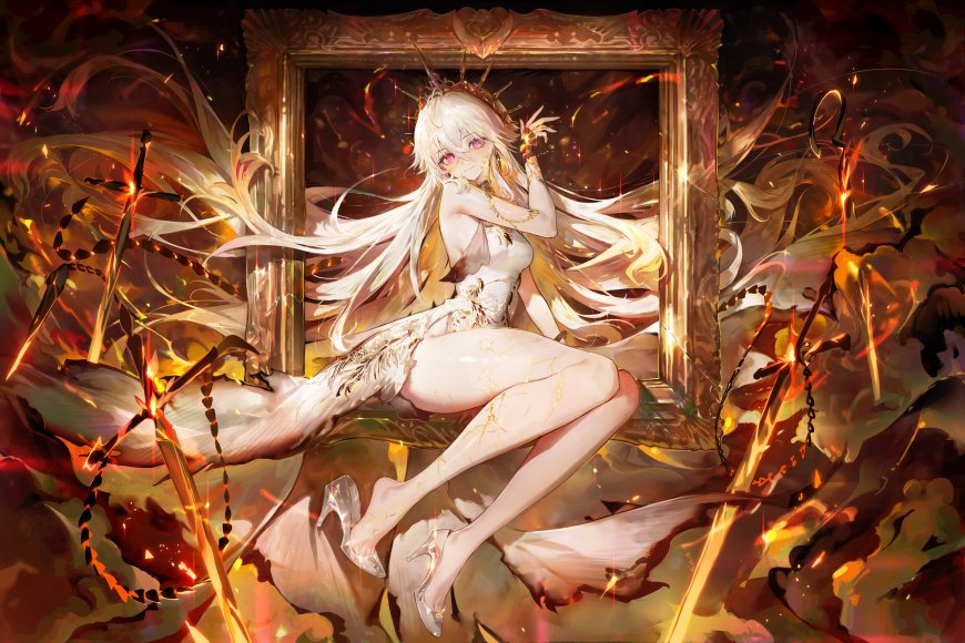 白发金瞳女性角色火焰环绕镜中坐姿华丽服饰奇幻风格电脑壁纸