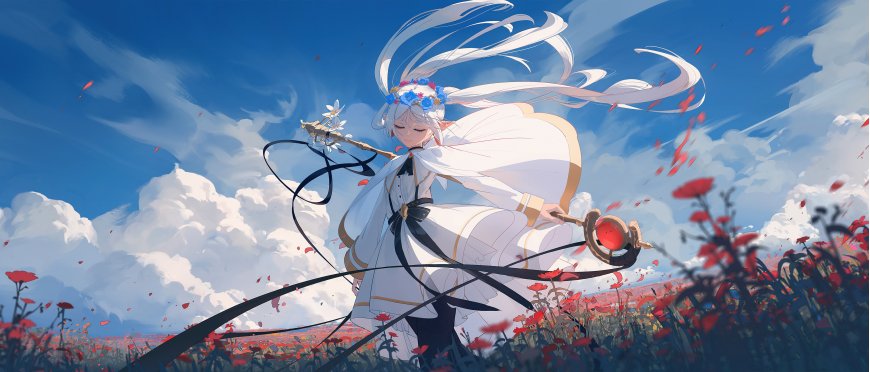 白色长发魔法少女手持法杖红花田中飘扬花卉电脑壁纸