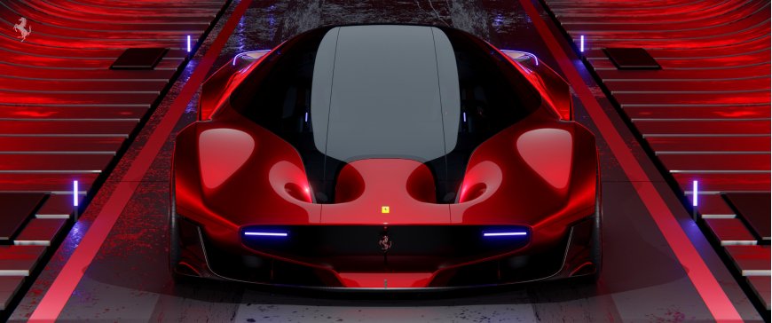 红色法拉利跑车俯视视角隧道霓虹灯科技感通道汽车电脑壁纸