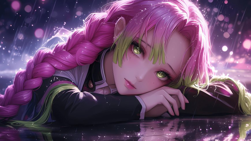 粉色长发双马尾绿瞳少女雨中静谧水面倒影梦幻插画风景电脑壁纸