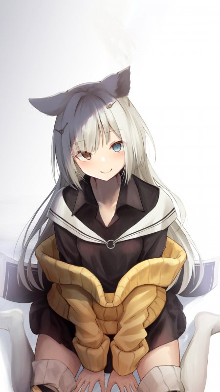 碧蓝档案白发猫耳少女微笑坐姿手机壁纸