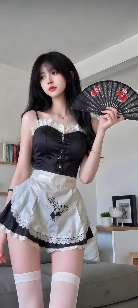 黑裙女仆装持扇少女室内写真手机壁纸