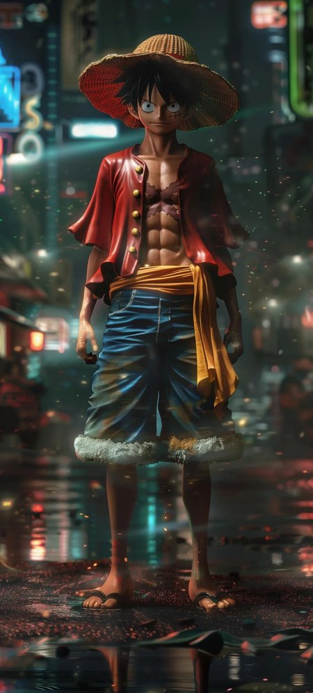 海贼王路飞雨夜霓虹街站立场景手机壁纸