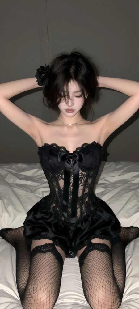 黑色蕾丝束腰裙搭配渔网袜女性优雅坐姿手机壁纸