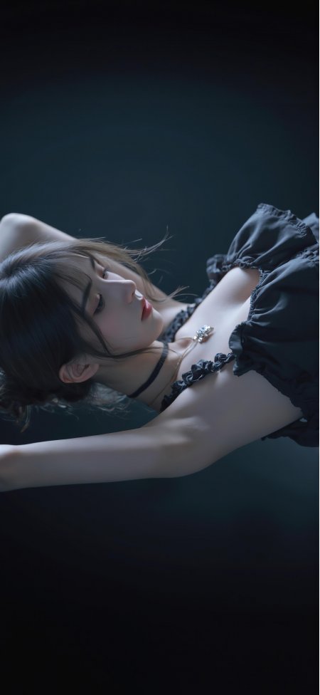黑裙少女仰卧深蓝背景写真手机壁纸