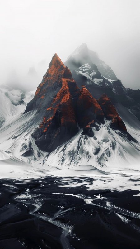 冰岛黑沙滩橙红火山峰雪雾景观手机壁纸