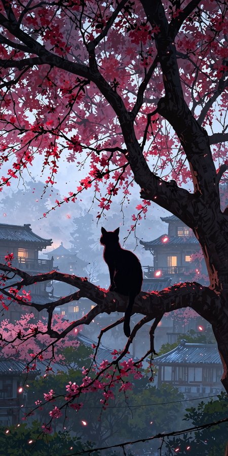 黑猫樱花树下古风庭院剪影动漫手机壁纸
