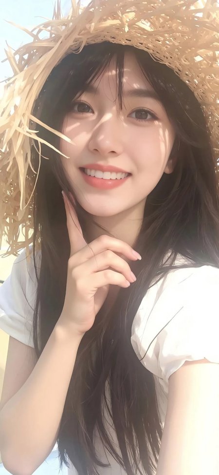 夏日草帽少女微笑托腮清新写真手机壁纸