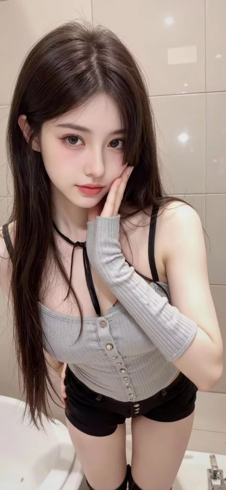 灰衣长发少女托腮自拍手机壁纸