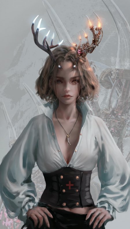 赛博朋克鹿角少女机械王冠白衬衫黑束腰动漫插画手机壁纸