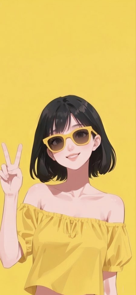 黄色背景黑发少女戴黄框墨镜比耶手势手机壁纸