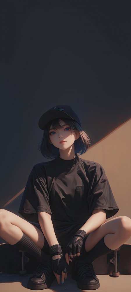 黑衣蓝发少女戴帽蹲坐滑板旁手机壁纸