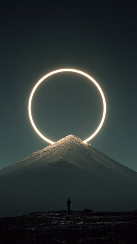 环形光晕雪山剪影人物仰望手机壁纸