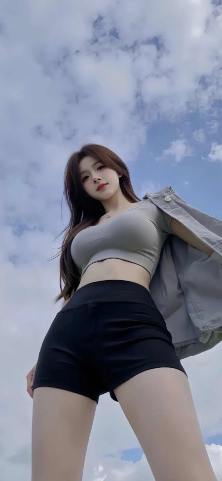 灰衣黑短裤少女仰拍蓝天云朵手机壁纸