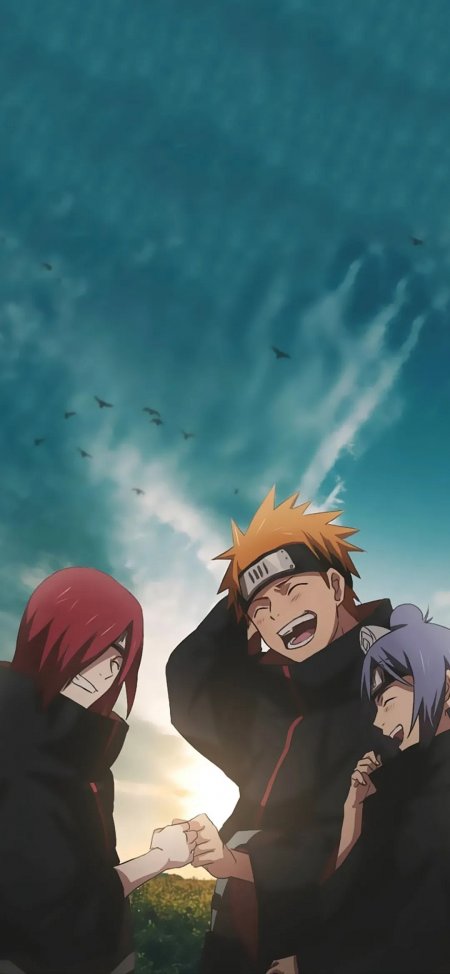 火影忍者晓组织三人击拳欢笑场景手机壁纸