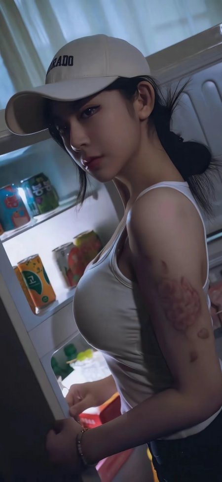 戴Colorado棒球帽白背心女生冰箱前回眸手机壁纸