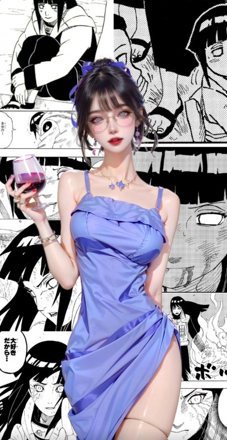 火影忍者日向雏田蓝裙持酒杯漫画拼贴风手机壁纸