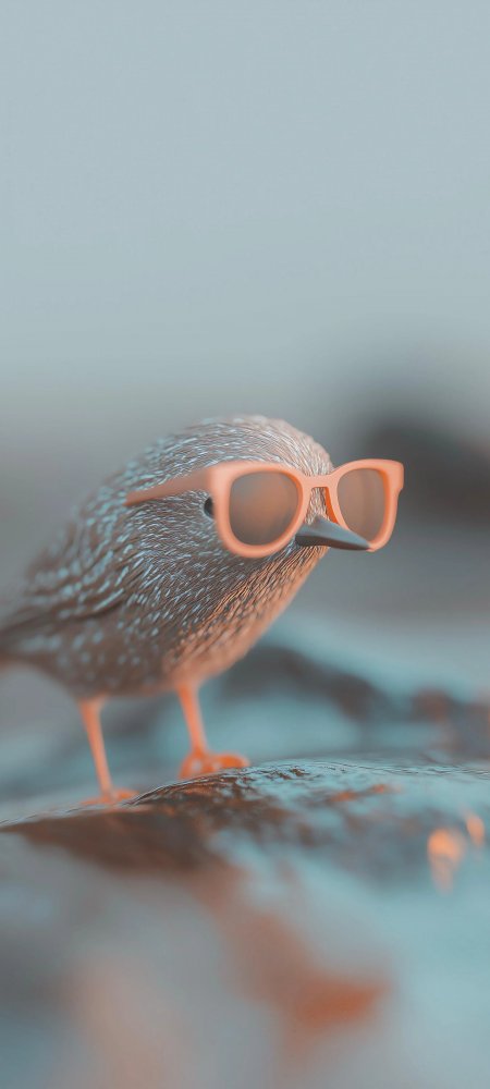 戴橙色墨镜斑点小鸟海边岩石站立手机壁纸