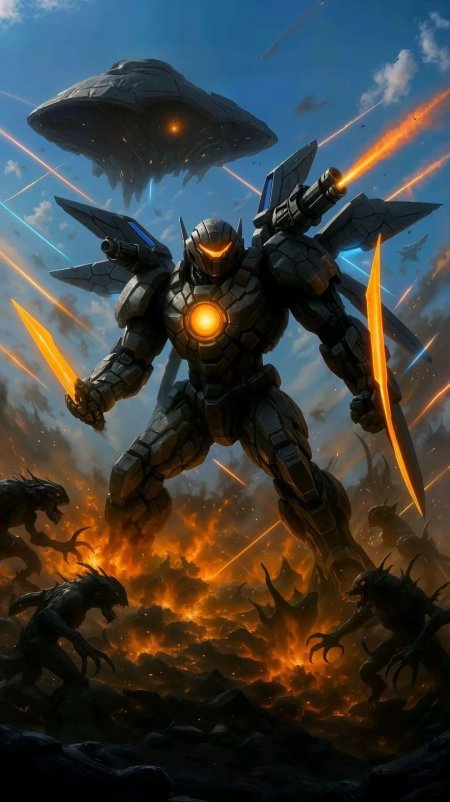 机甲战士双剑射击外星战舰战场场景手机壁纸