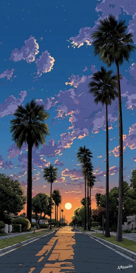 黄昏街道棕榈树星空渐变插画手机壁纸