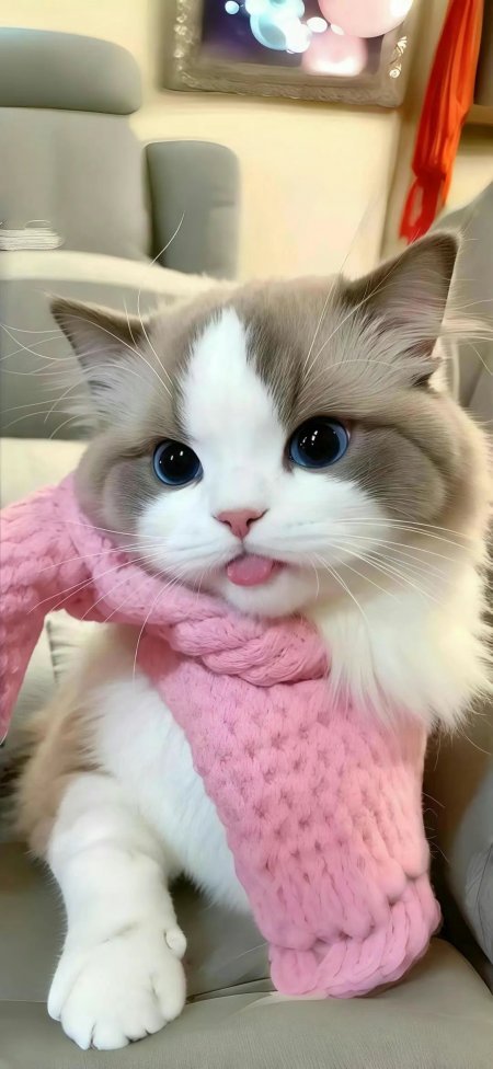 布偶猫戴粉色围巾吐舌可爱表情手机壁纸