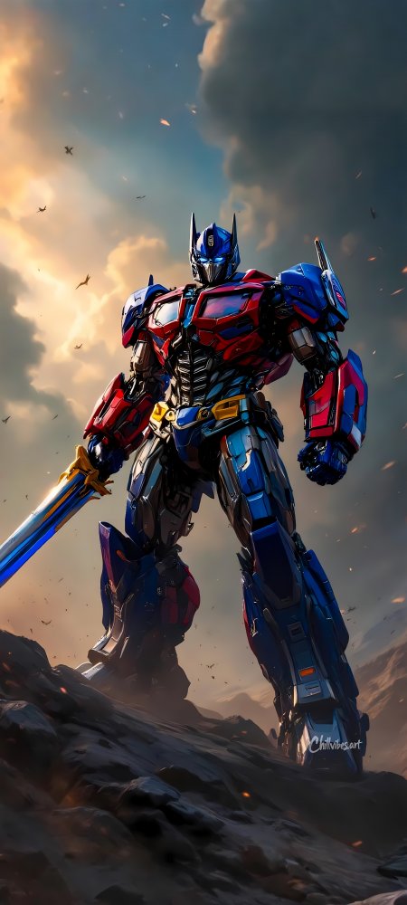 变形金刚擎天柱持剑站立战场手机壁纸