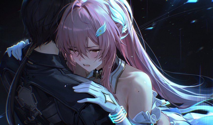 粉发女性角色依偎黑衣男性角色星空背景情感互动二次元动漫电脑壁纸