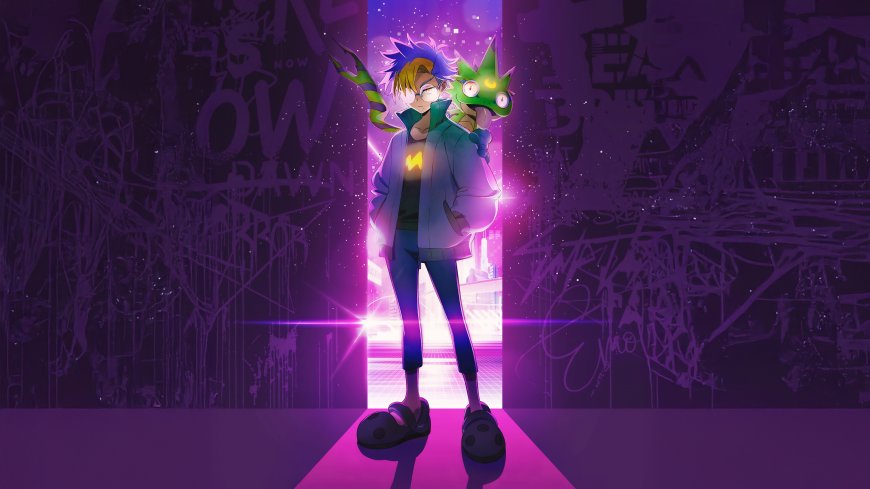 动漫角色与绿色生物站在霓虹灯光下未来城市背景紫色涂鸦墙动漫电脑壁纸