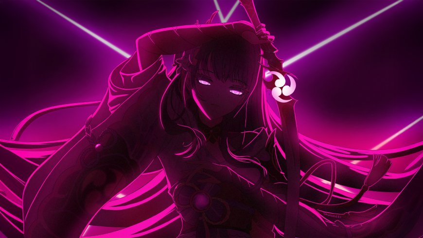 动漫角色紫光轮廓持剑神秘女性紫色背景科幻风格动漫电脑壁纸