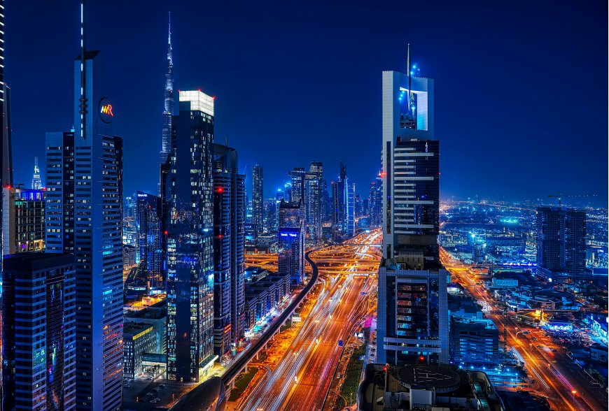 迪拜夜景摩天大楼群光轨道路流光溢彩城市风光风景电脑壁纸