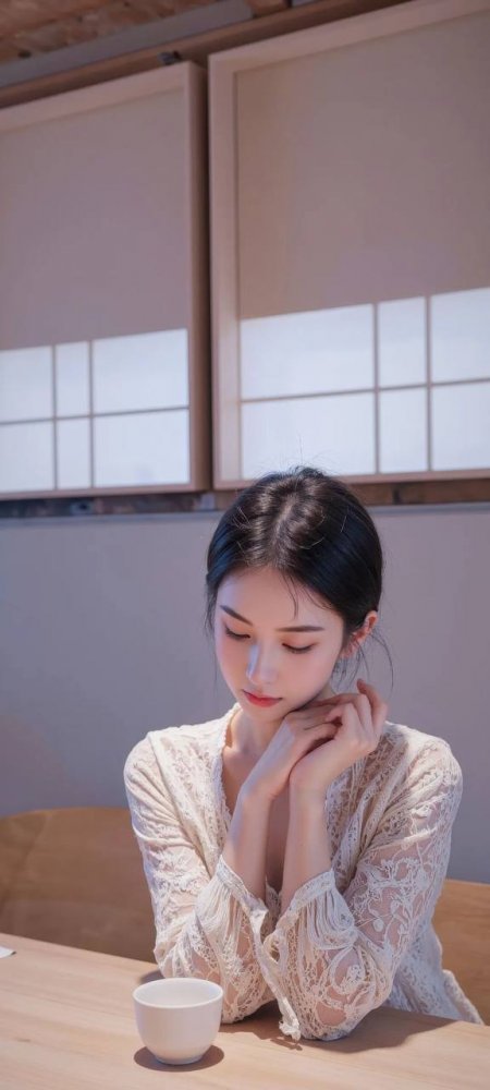 日系少女蕾丝上衣静坐茶桌手机壁纸