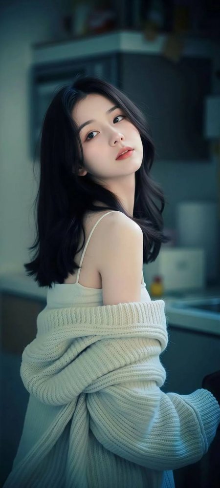 清新文艺少女回眸浅笑针织衫氛围感手机壁纸
