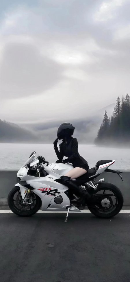 川崎ZX10R白色跑车黑衣骑士湖畔雾景手机壁纸