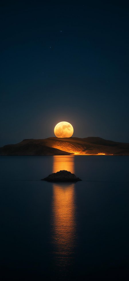 橙月升腾湖面倒影山丘夜景手机壁纸