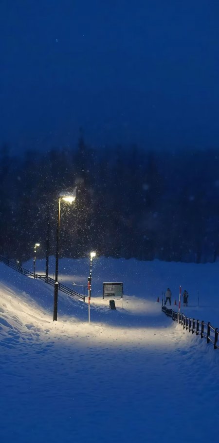 冬夜雪地路灯照亮滑雪道行人手机壁纸