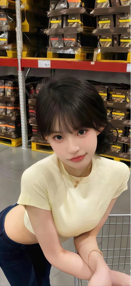 超市货架前短发女生俯身微笑手机壁纸