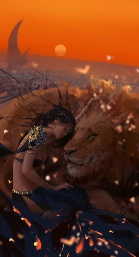 wlop鬼刀系列海琴烟与雄狮亲昵依偎手机壁纸