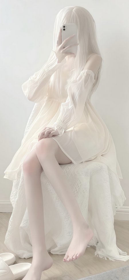 纯白长发少女手持手机自拍写真手机壁纸