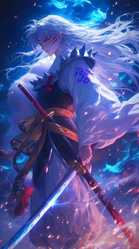 犬夜叉杀生丸银发持剑蓝焰特效手机壁纸