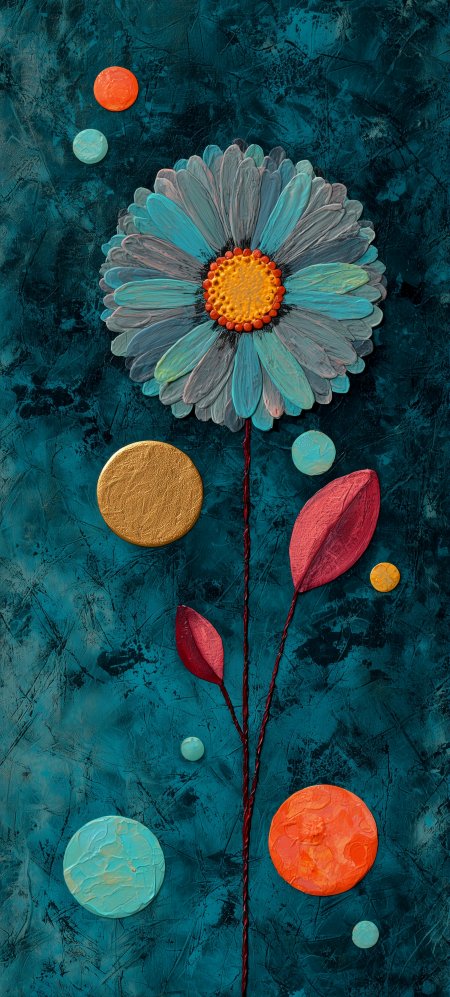 抽象艺术蓝灰花瓣橙黄花蕊红茎绿叶圆形色块深青背景手机壁纸