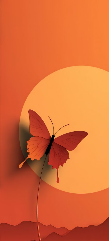 橙色夕阳下红蝶飞舞剪纸风手机壁纸