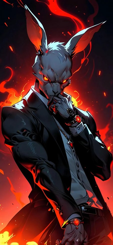 赛博朋克兔耳男角色红焰背景沉思姿态手机壁纸