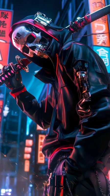 赛博朋克骷髅忍者持刀战斗霓虹夜景手机壁纸