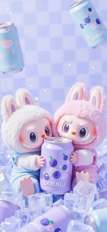 LABUBU毛绒兔角色抱蓝莓罐装饮料冰块背景手机壁纸
