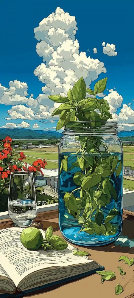 清新罗勒植物玻璃罐阳台风景插画手机壁纸