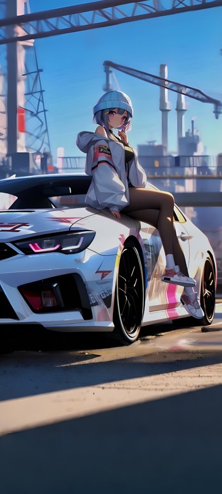 赛博朋克风格银发少女坐跑车手机壁纸