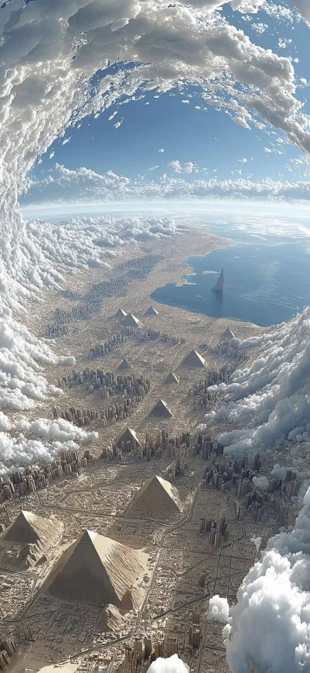 超现实金字塔城市云海俯瞰景观手机壁纸