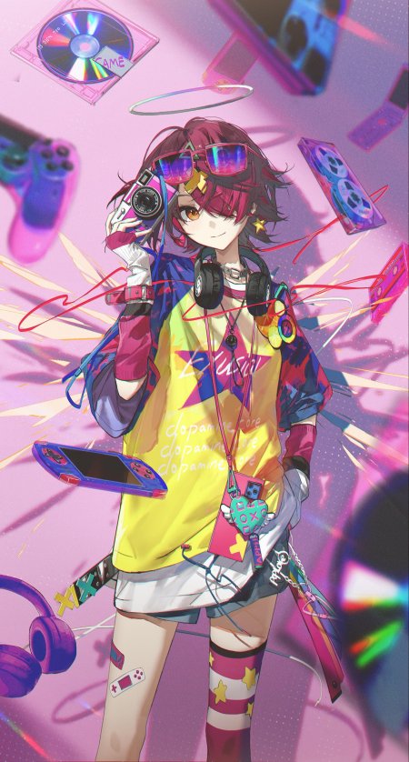 赛博朋克风格红发少女手持相机环绕游戏机磁带手机壁纸