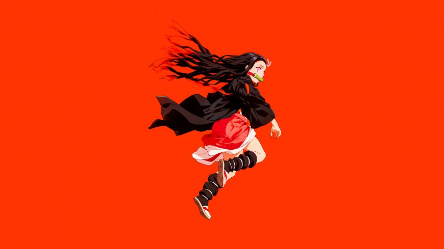 鬼灭之刃灶门祢豆子疾驰奔跑红色背景动漫电脑壁纸