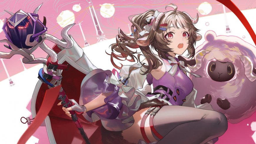 二次元角色羊角女孩紫色服饰手持武器粉色背景幻想风格动漫电脑壁纸